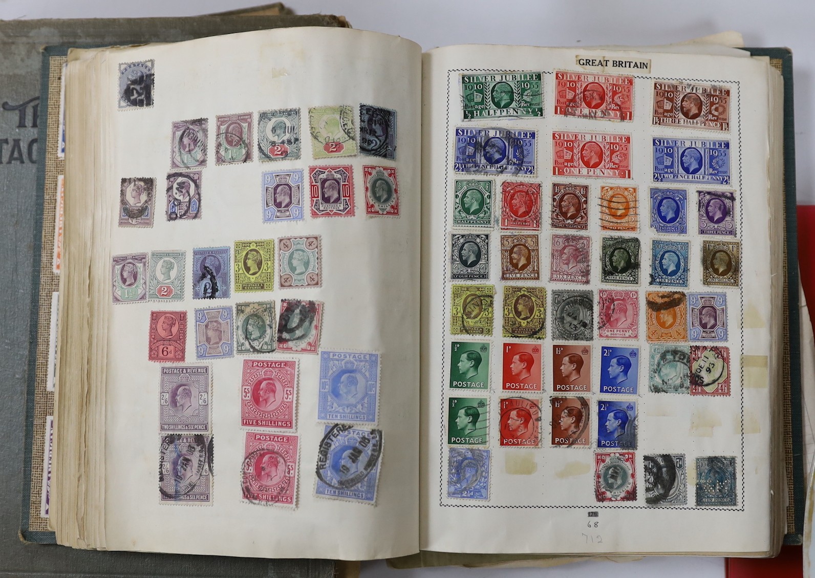 Stamps: four albums of World stamps, including The Deal album, plus 1penny red cover in loose pages